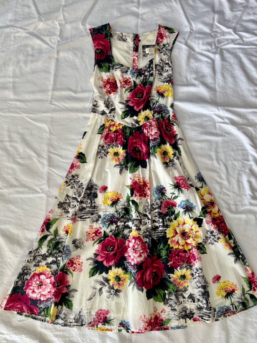 Anthropologie White Floral Midi Dress with Pink, Yellow & Green